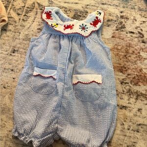 Good Lad Blue and White Seersucker Romper with Nautical Embroidered Collar